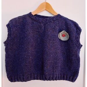 BNWOT Hand Knit Boxy, Cropped Vest in 100% Wool with Handmade Flower Pin M/L